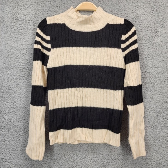 Dibari Small‎ Striped Mock Sweater Ribbed Knit Pullover Wool Blend Black Beige - Picture 1 of 9